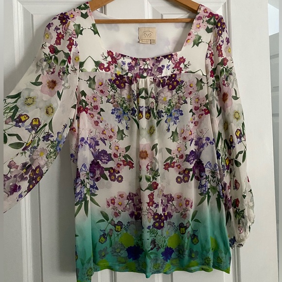 Anthropologie Vanessa Virginia 100% silk floral ombre blouse top tunic Sz 10 - Picture 2 of 11